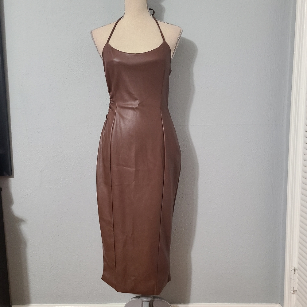 Meshki Siobhan Cut Out Faux Leather Chocolate Brown Midi Dress NWT Size Med